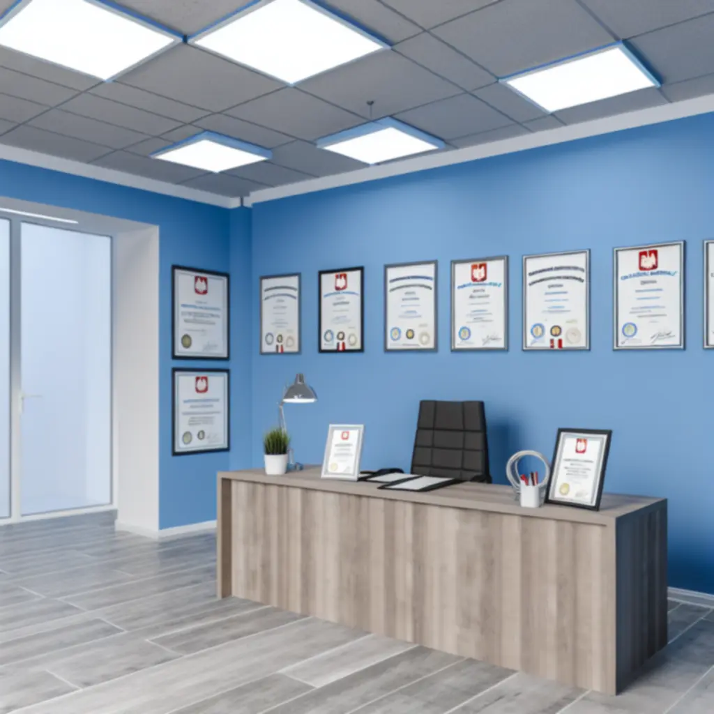 Ściana z certyfikatami mobilnego serwisu opon PomoCodex