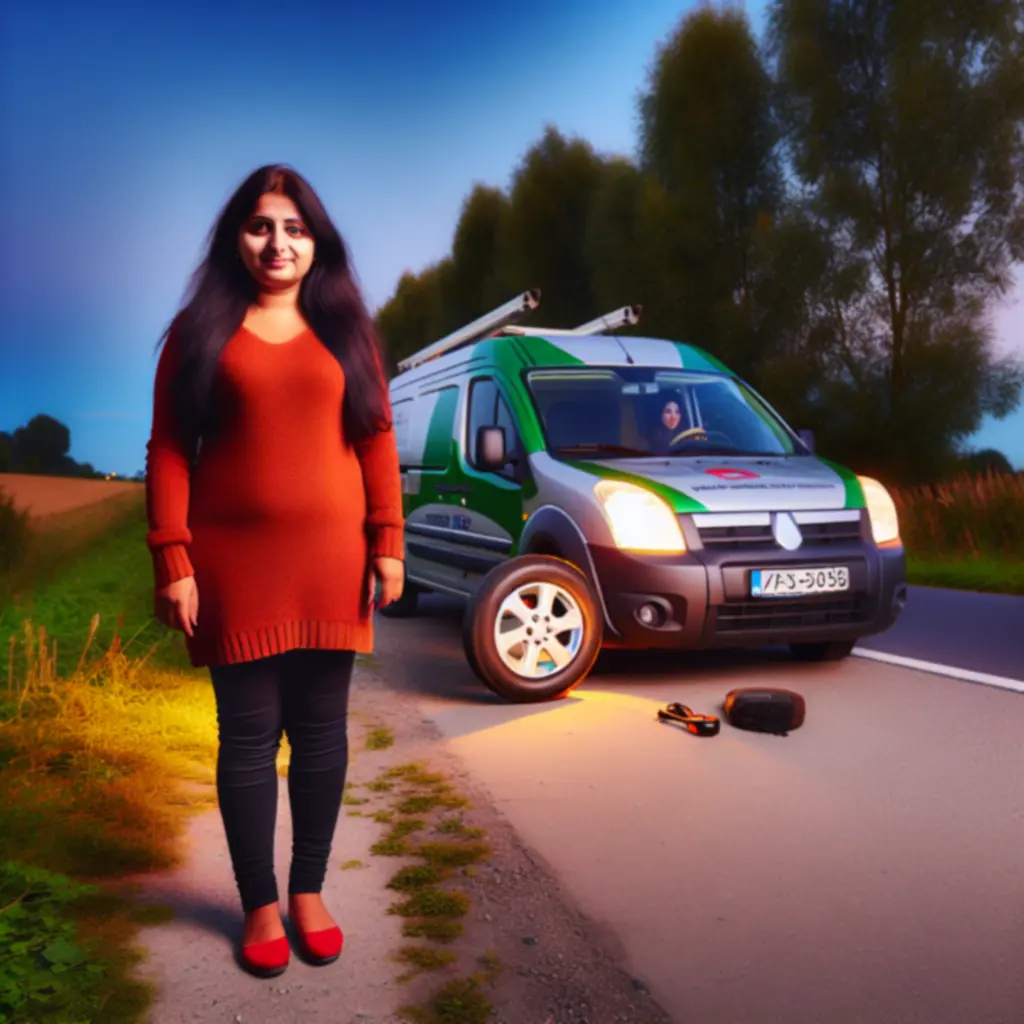 Uśmiechnięty klient PomoCodex stojący przy naprawionym samochodzie na polskiej drodze