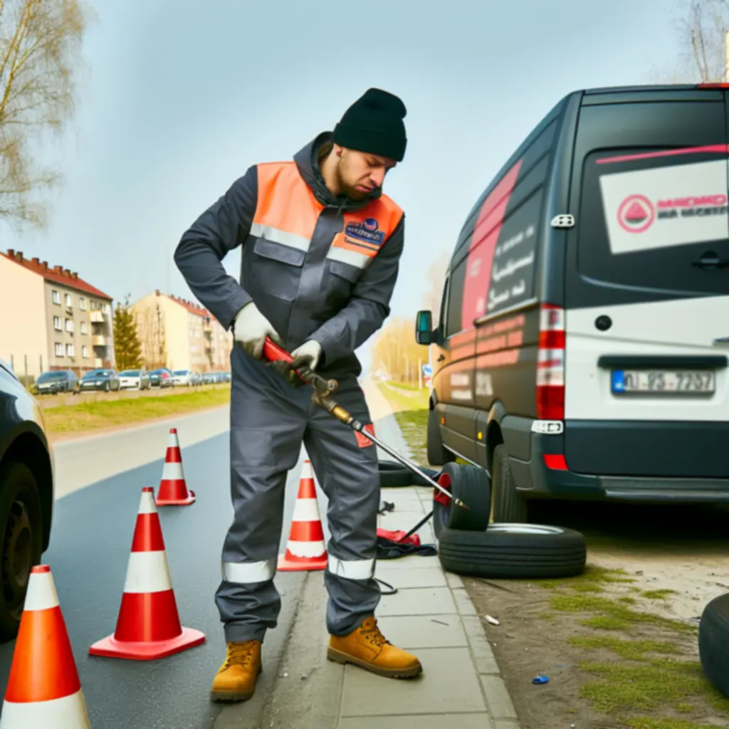Technik PomoCodex naprawiający oponę przy autostradzie w Polsce