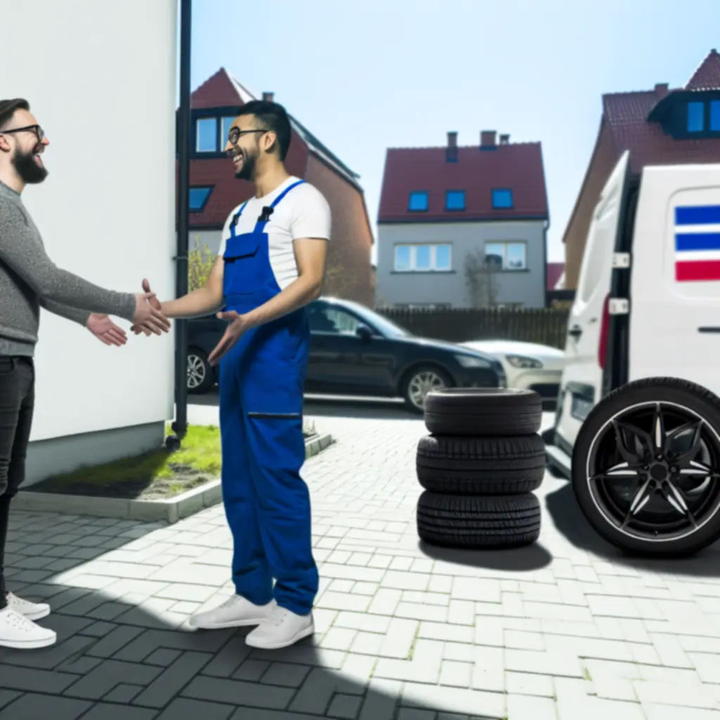 Klientka zadowolona z mobilnej sezonowej wymiany opon przed blokiem mieszkalnym