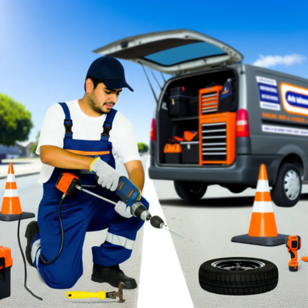 Technik PomoCodex przygotowujący się do serwisu opon przy pojeździe